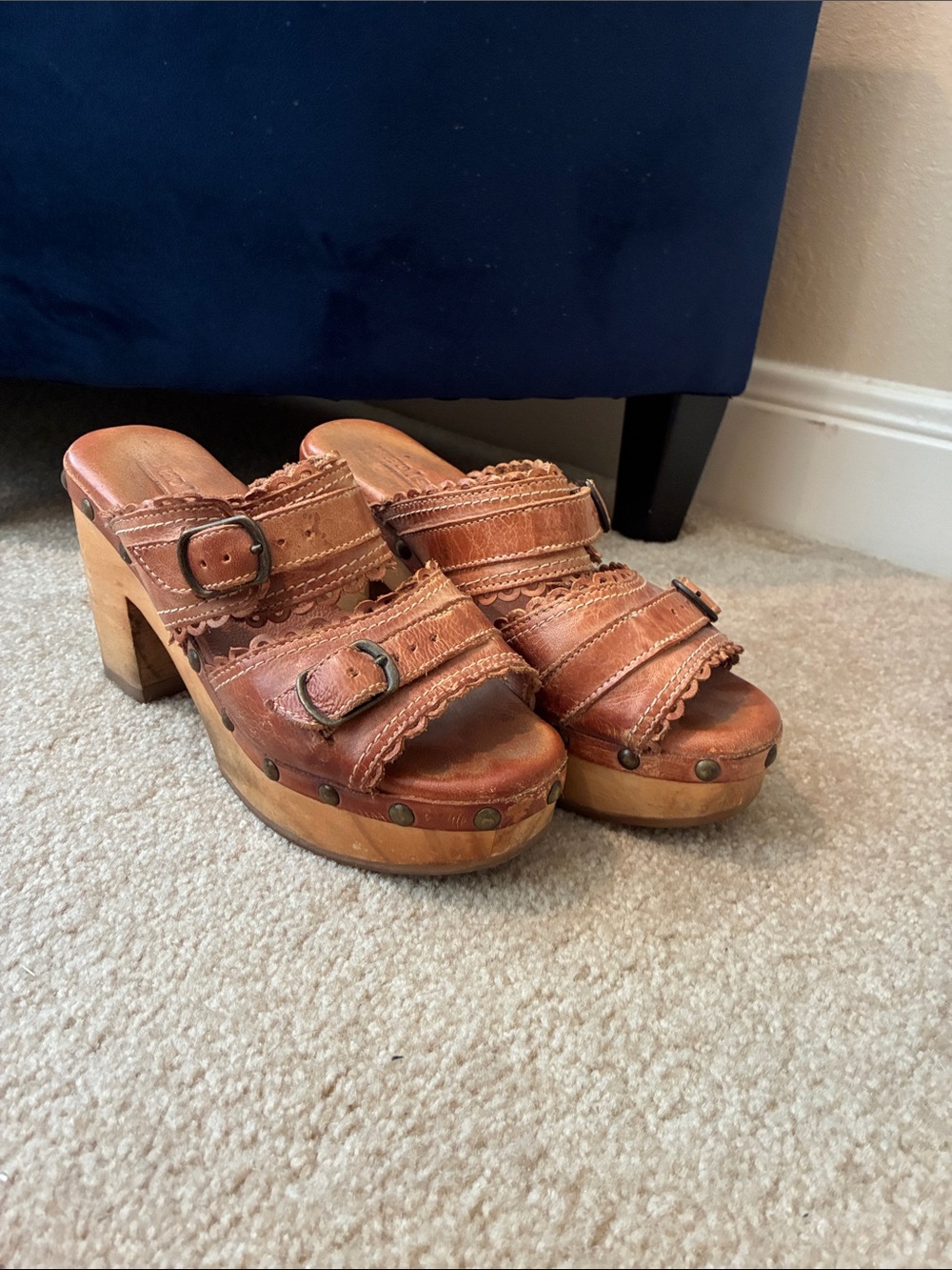 Bed Stu Brown Leather Buckle Clog Heels